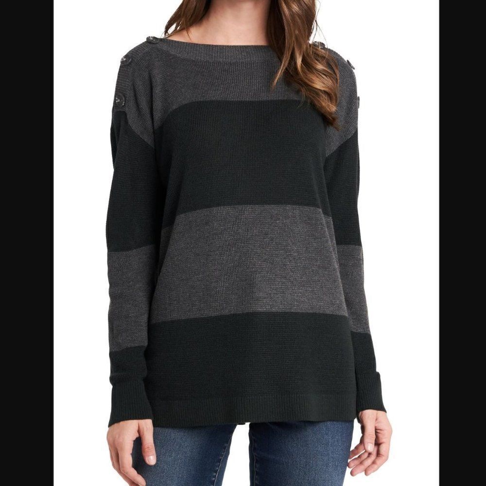 Vinceβ CamutoΒ Button Shoulder StripeβSweater,βSizeβMedium